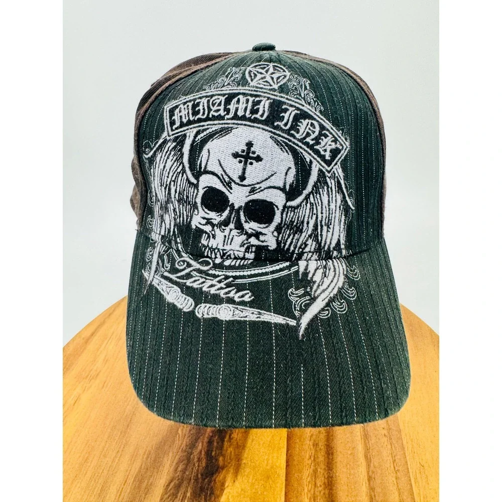 Miami Ink Tattoo Hat Mens OS Black Brown Skull Pinstripe TekerFlex Cap
